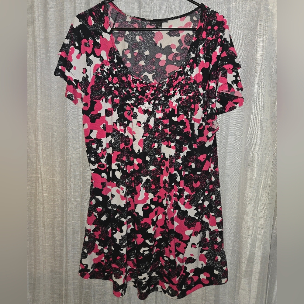 Fashion Bug Womens Pink and Black Print Blouse 1x
